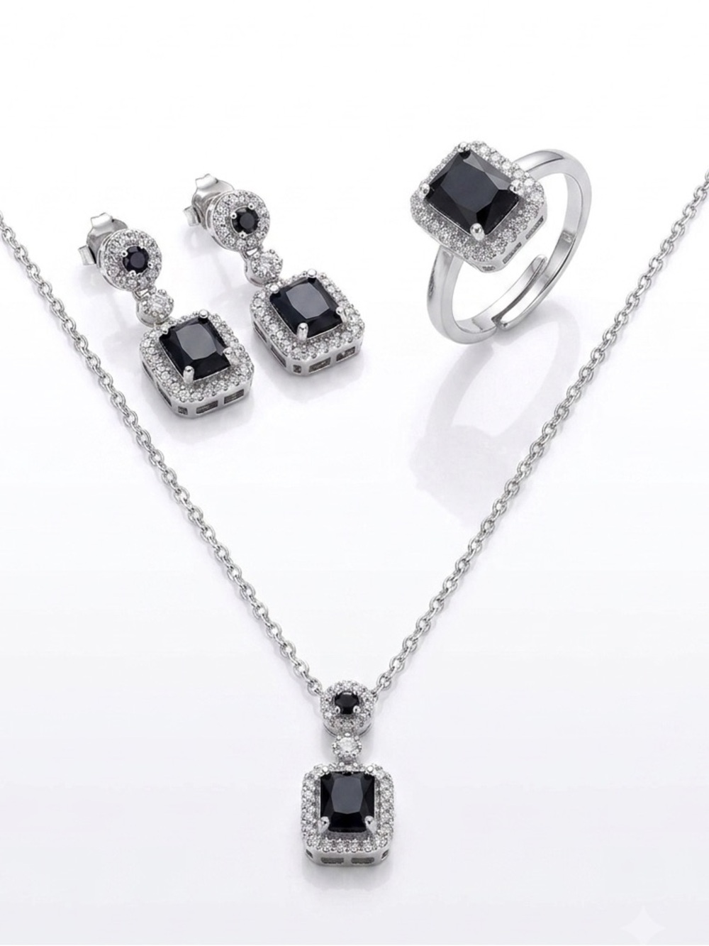 18K White Gold Plated SET Necklace, Earrings & Ring Set with Black Gemstones